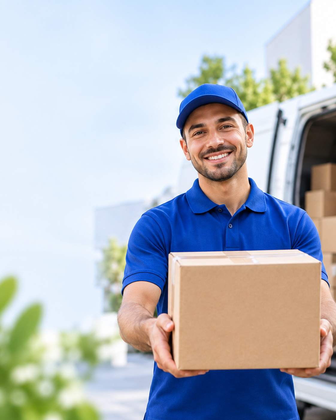 Paket teslim eden güler yüzlü kargo çalışanı